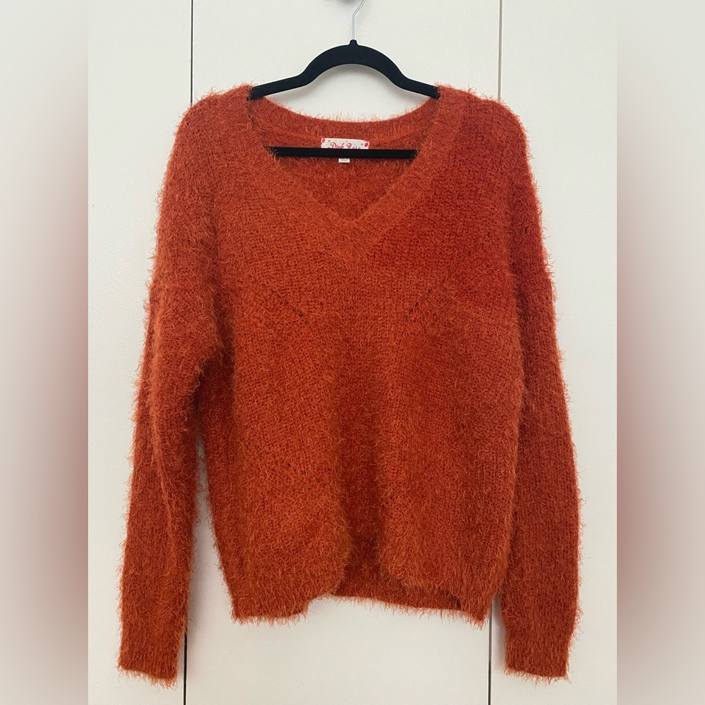 Pink Rose - Rust / Copper Orange Fuzzy V-Neck Sweater